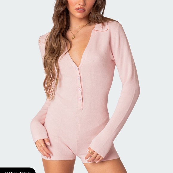 Edikted Lillian Button Front Knit Romper in XS 💗 pink knit romper - Picture 3 of 3